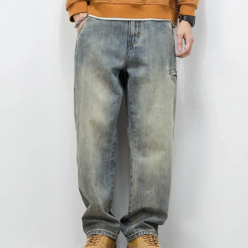 Stretch Mens Jeans Washed Motorcycle Trousers Vintage Man Cowboy Pants Punk Loose Straight Retro Baggy ner Casual Goth Xs 241105