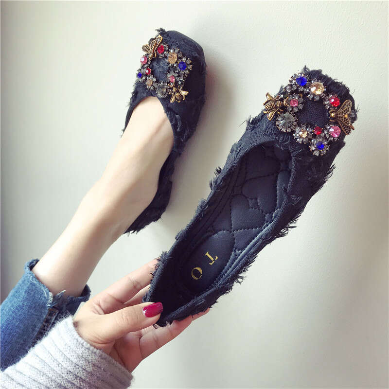 2023 Autumn New Fashionable Versatile Water Diamond Buckle Square Head Cloth Flat Follow For Women Soft Bottom Bean Shoes