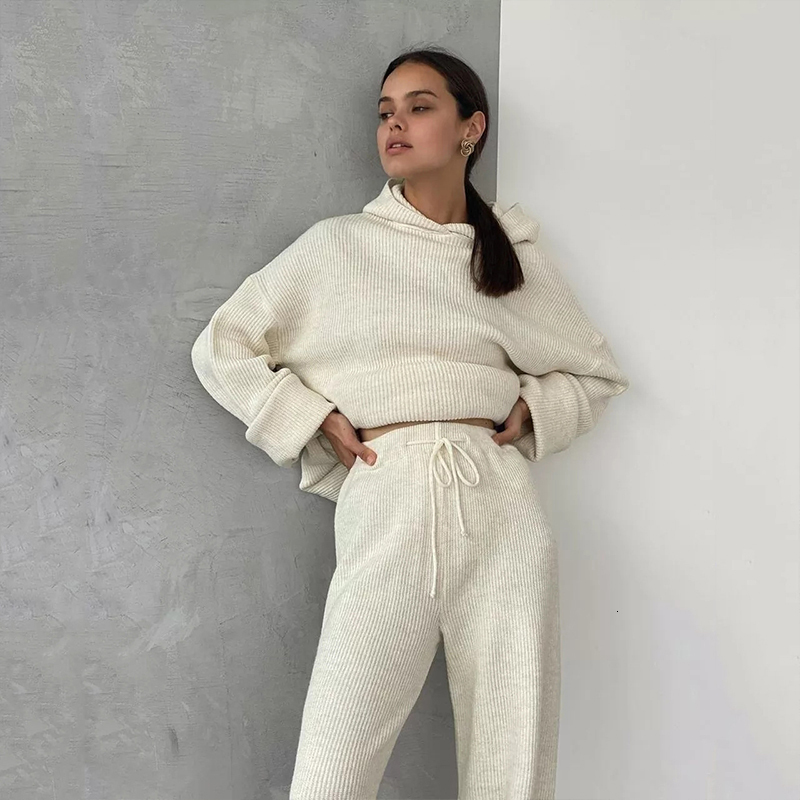 2024 Women's Casual Sweater Long-Sleeved Loose Hooded Knit Top With Draw-Waist Trousers Two-Piece Set