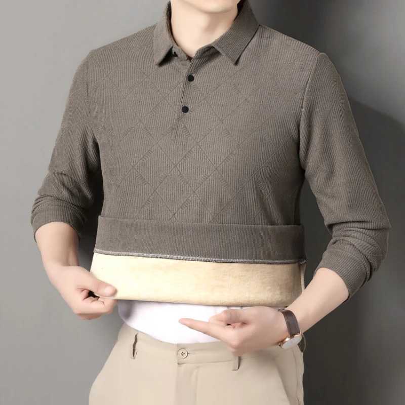 Thick autumn and winter warm geometric pattern daily casual mens Comting long sleeved Plus velvet lapel T-shirt W241104