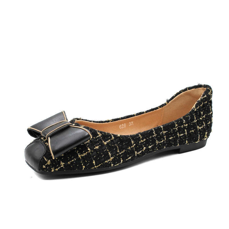 Korean Version Single Shoe 2023 Summer New Women's Flat Bow Shallow Mouth Square Toe Shoes Apricot Cloth Surface