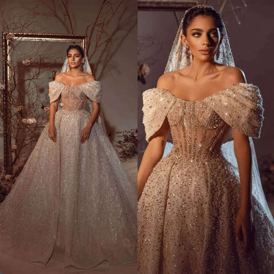 Dress Wedding A E Strapless Off The Shoulder Crystal Sequined Chapel Train Elegant Bride Vestido De Noiva Custom Made