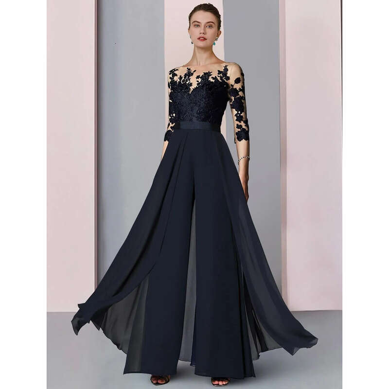 Mother Elegant Jumpsuits Of The Bride Dresses Sheer Long Sleeves Lace Applique Chiffon Evening Party Gowns Pantsuits Plus Size Guest S Dress BC