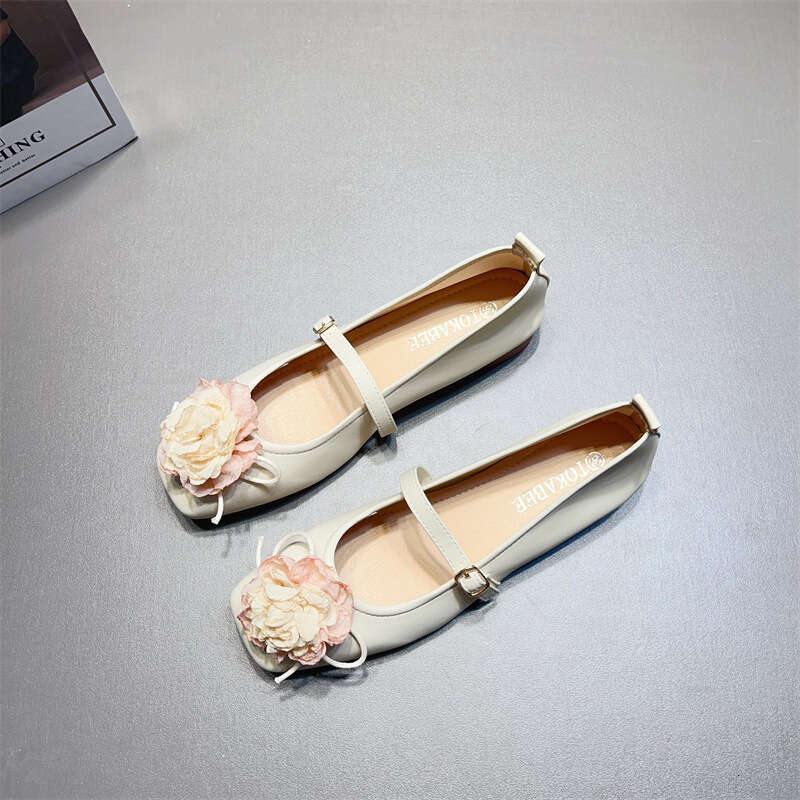 French Floral Decoration With Sole Mary Jane For Women, Korean Version, New Shallow Mouth Square Toe Soft Leather Low Order Shoes
