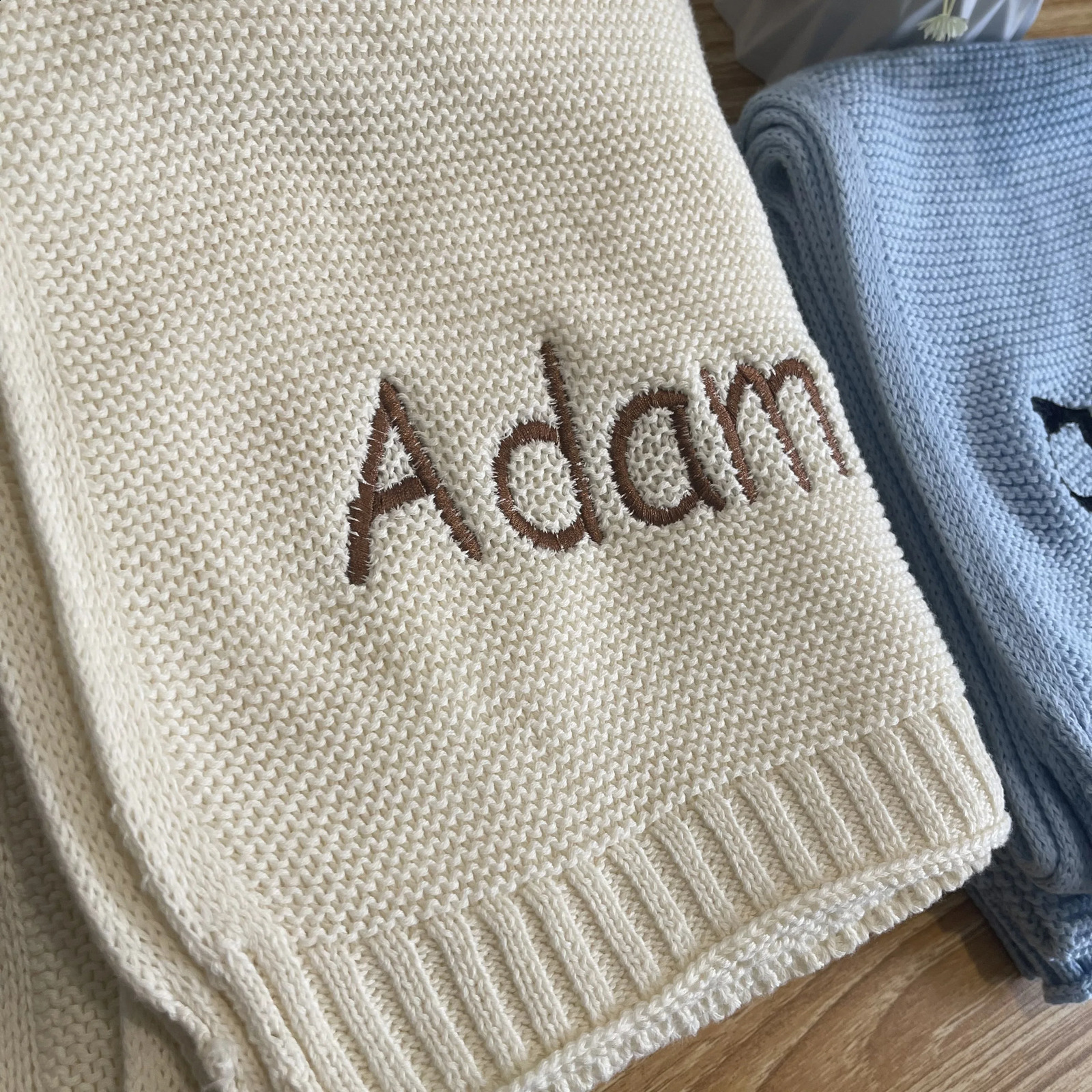 personalized embroidery name handcart blanket born baby gift soft breathable cotton knit baby shower gift 241105