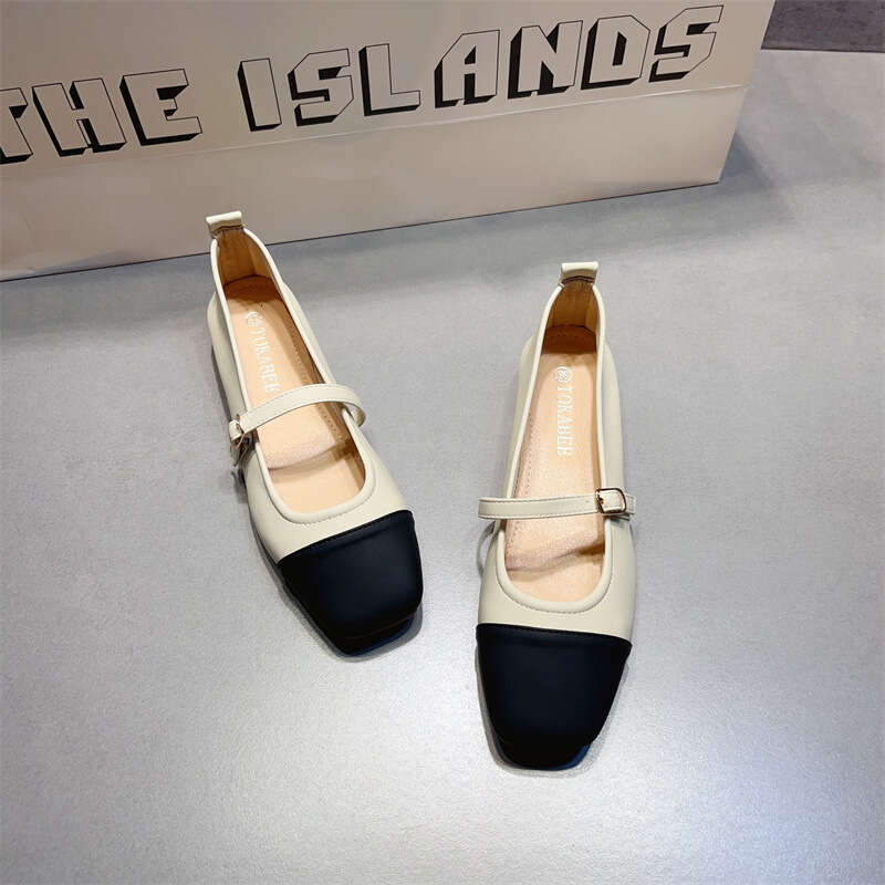 Xiaoxiang Coarse Single Order For Women With A Low Heel Mary Jane Shoes, Color Blocked Square Toe French Gentle Style Evening Shoes