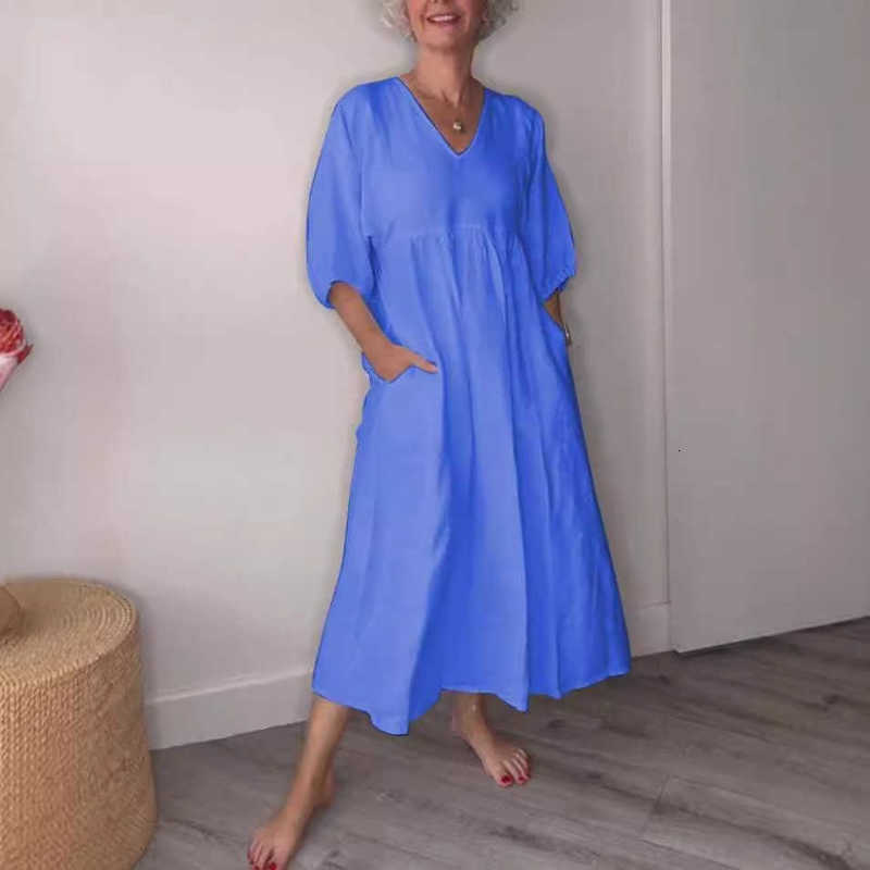 Women Dresses Autumn women's cotton linen deep V-neck pleated solid color casual pocket dress
