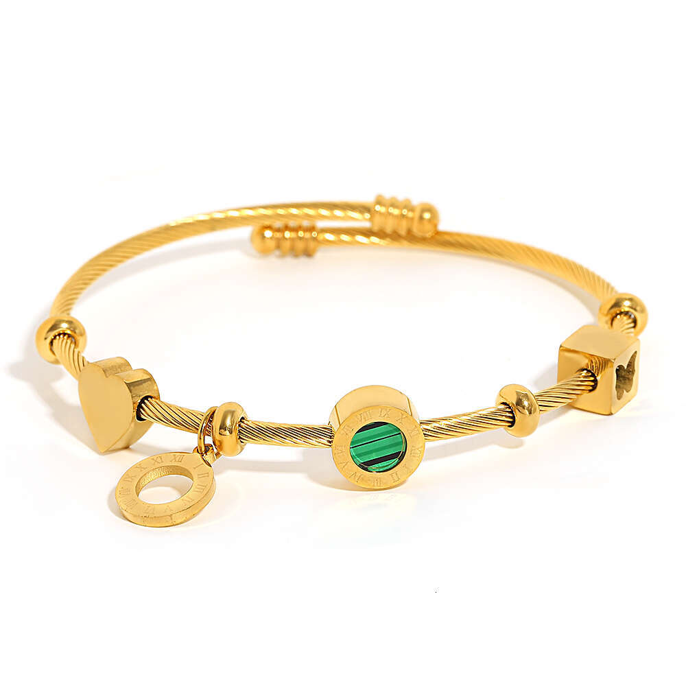Fashion Stainless Golden Fashion New Hot Jewelry Steel Bangle with Green Stone & Numerals for Women Men Cuff Waterproof Daily Wear Jewelry Gifts