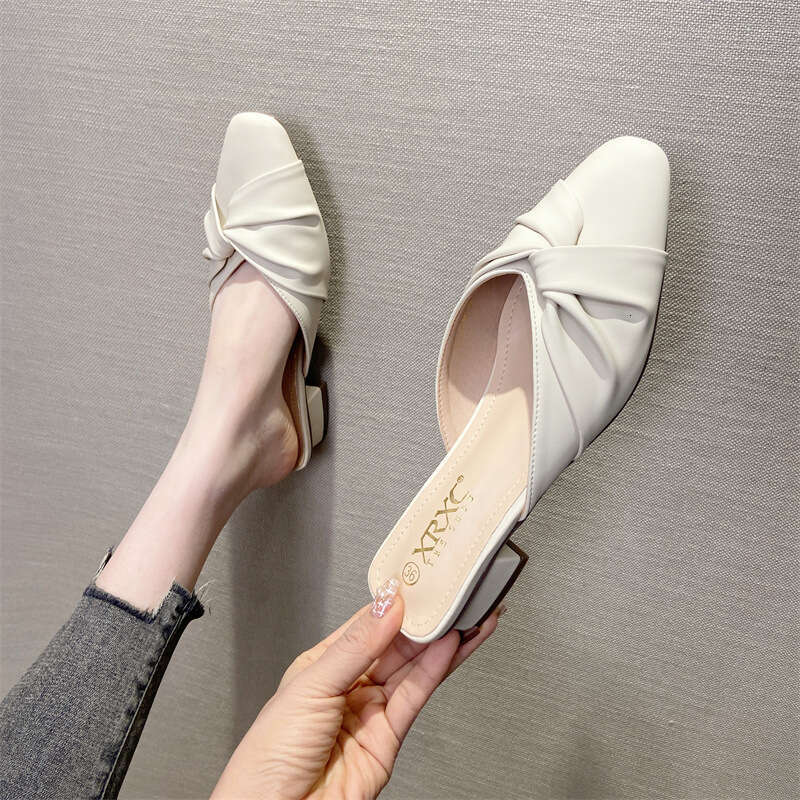 Korean Version Of Spring And Summer New Fashionable Soft Leather Toe Cap For Women Wearing Thick Heels, French Style Semi Slip, Mid Heel Fitting Shoes