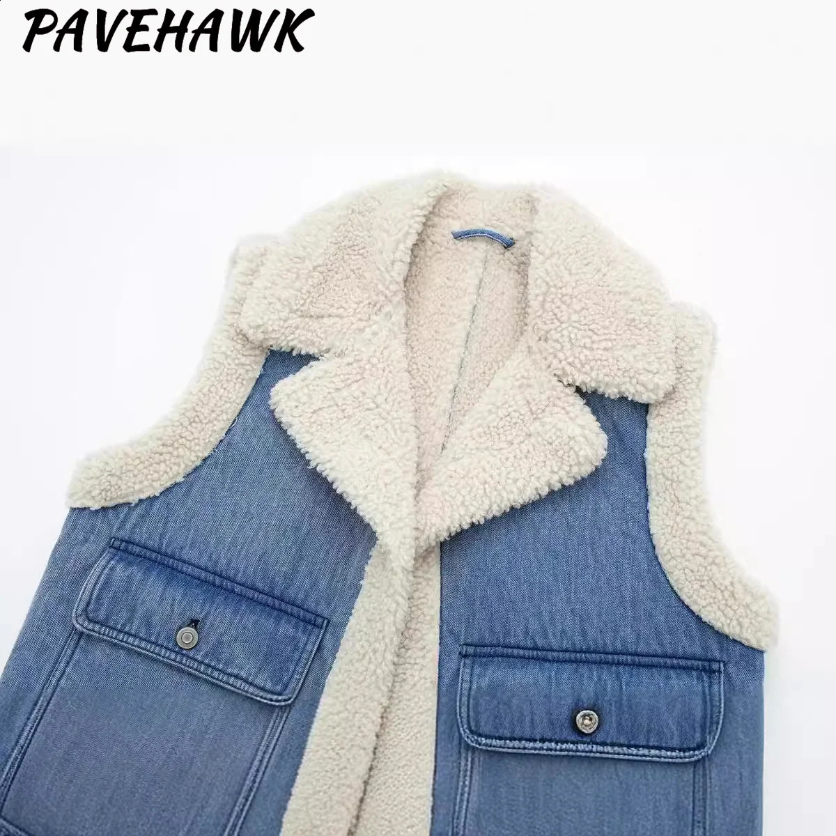 Womens denim wool synthetic sheepskin vest jacket autumn sleeveless pocket jacket casual thick loose fashionable chic jacket 241105