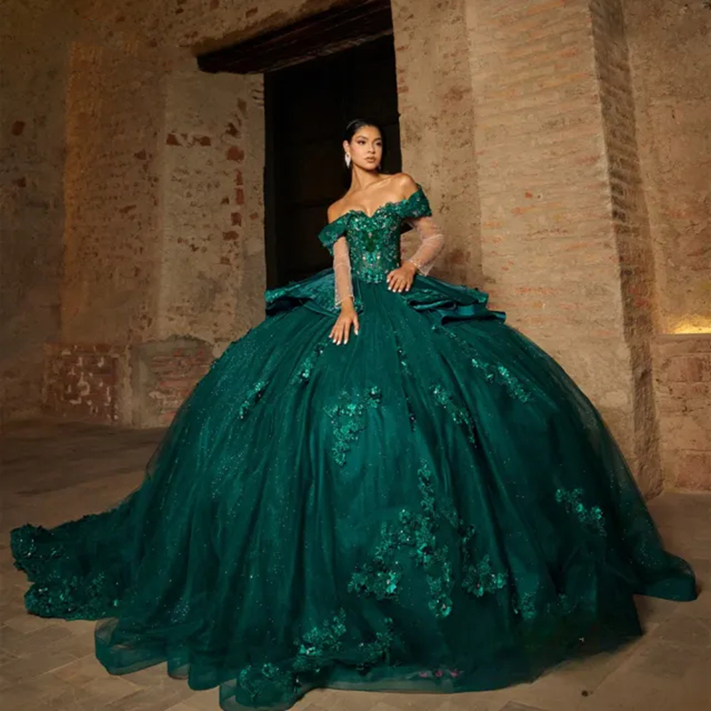 Princess Green Ball Gown Quinceanera Dresses With 3D Floral Appliques Off Shoulder Long Sweet 16 Dress Back Lace-up Peplum Prom Birthday Special Occas