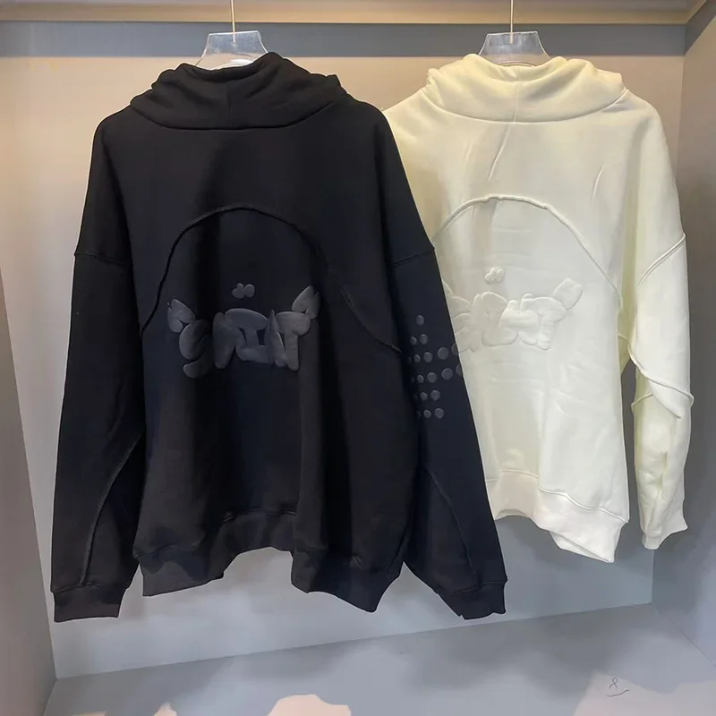 Quality Cotton Stitching Patchwork Pullovers Hooded Men Women Classic Foam Print Hoodie Casual Fashion