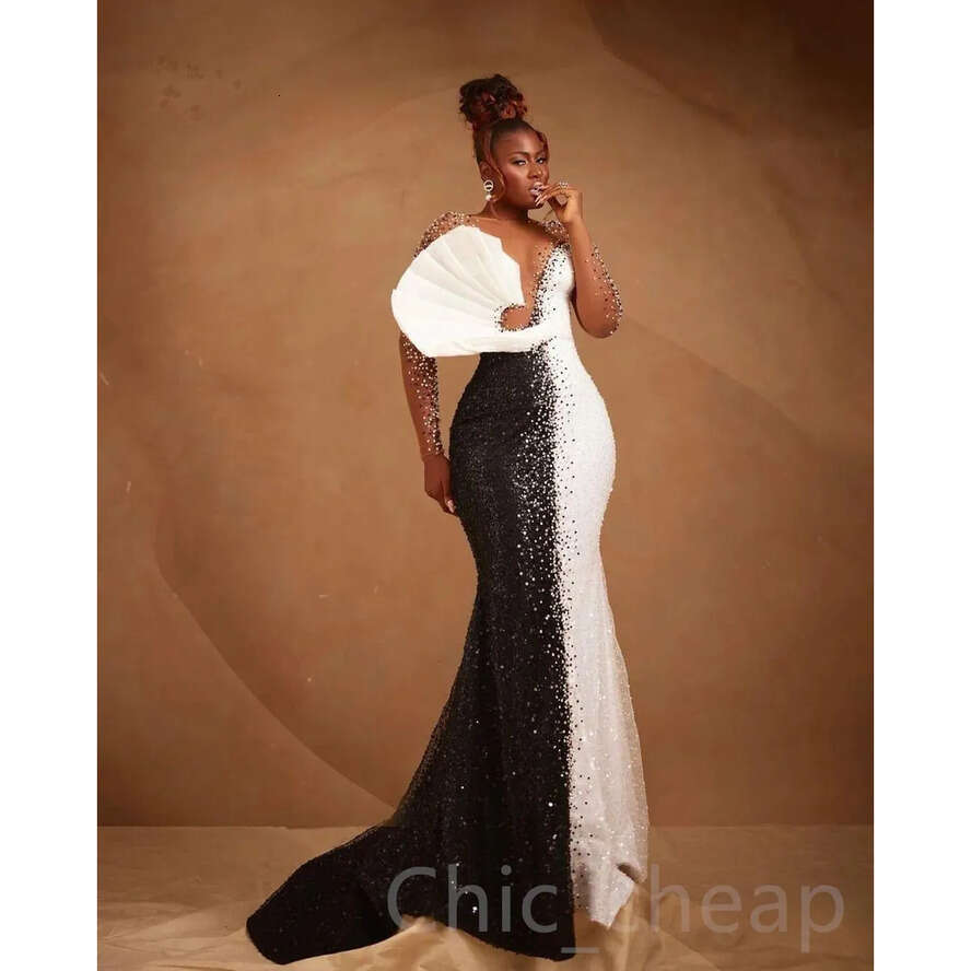 Aso AMVCA Ebi Urious Mermaid Prom Beaded Black White Evening Formal Party Second Reception Birthday Engagement Gowns Dress Robe De Soiree ZJ