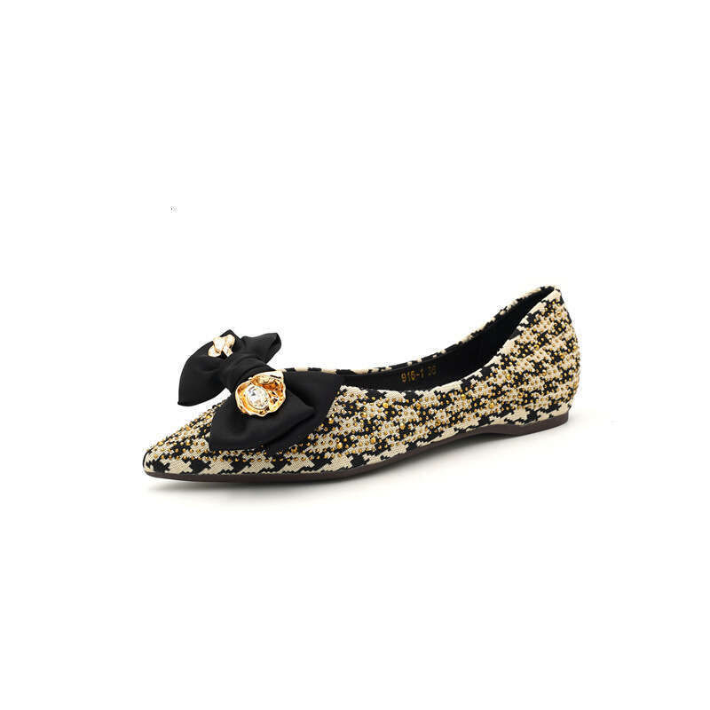 2023 Spring/Summer New Lady Thousand Bird Grid Pointed Flat Bottom Shallow Mouth Increased Bow Water Diamond Cloth Single Shoes