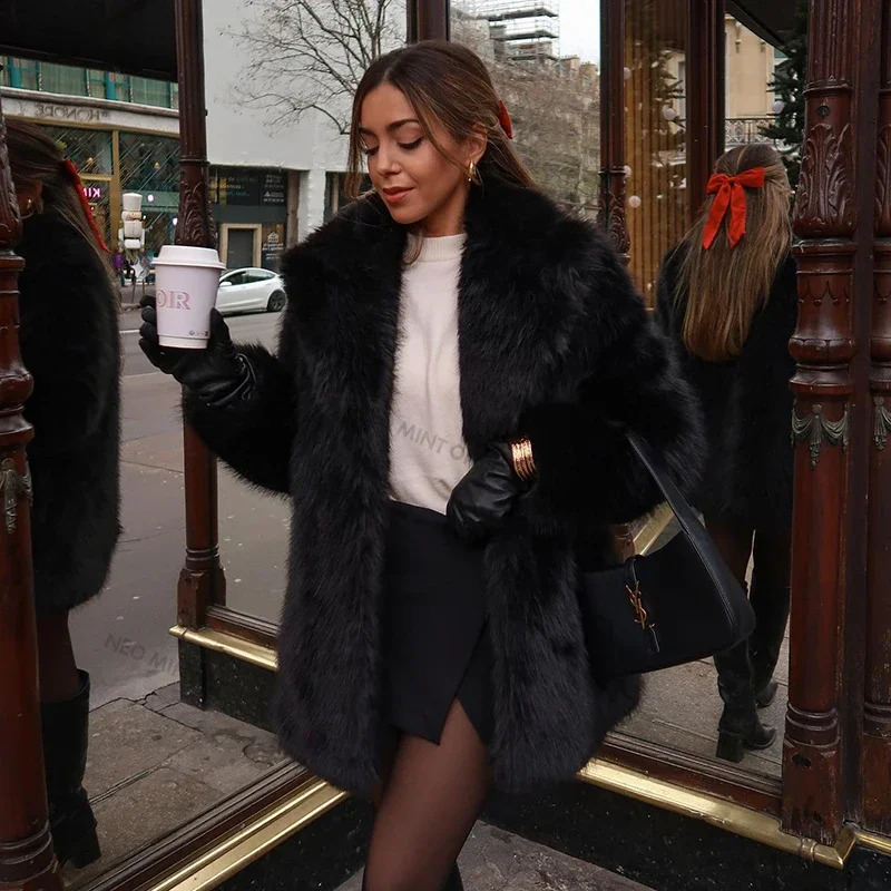 Lapels Faux Fur Coat Women 2024 Winter er Fluffy Fox Fur Jacket Furry Overcoats Stylish Long Outerwear 241105