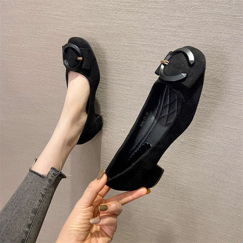 Rough Follow-Up For Women's Spring New Versatile Professional Work Shoes, Comfortable Suede Square Toe Shallow Mouth Low Heel Scoop Shoes