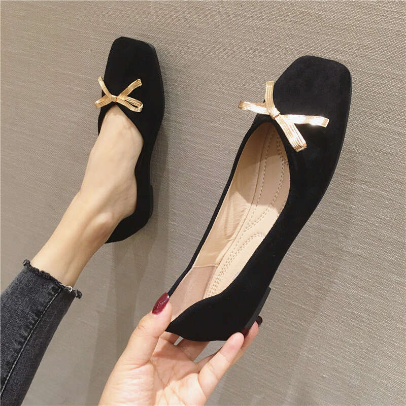 2023 Korean Edition New Solid Color Versatile Daily Red Toast Dress Heel Suede Square Head Shallow Mouth Soft Bottom Flat Shoes