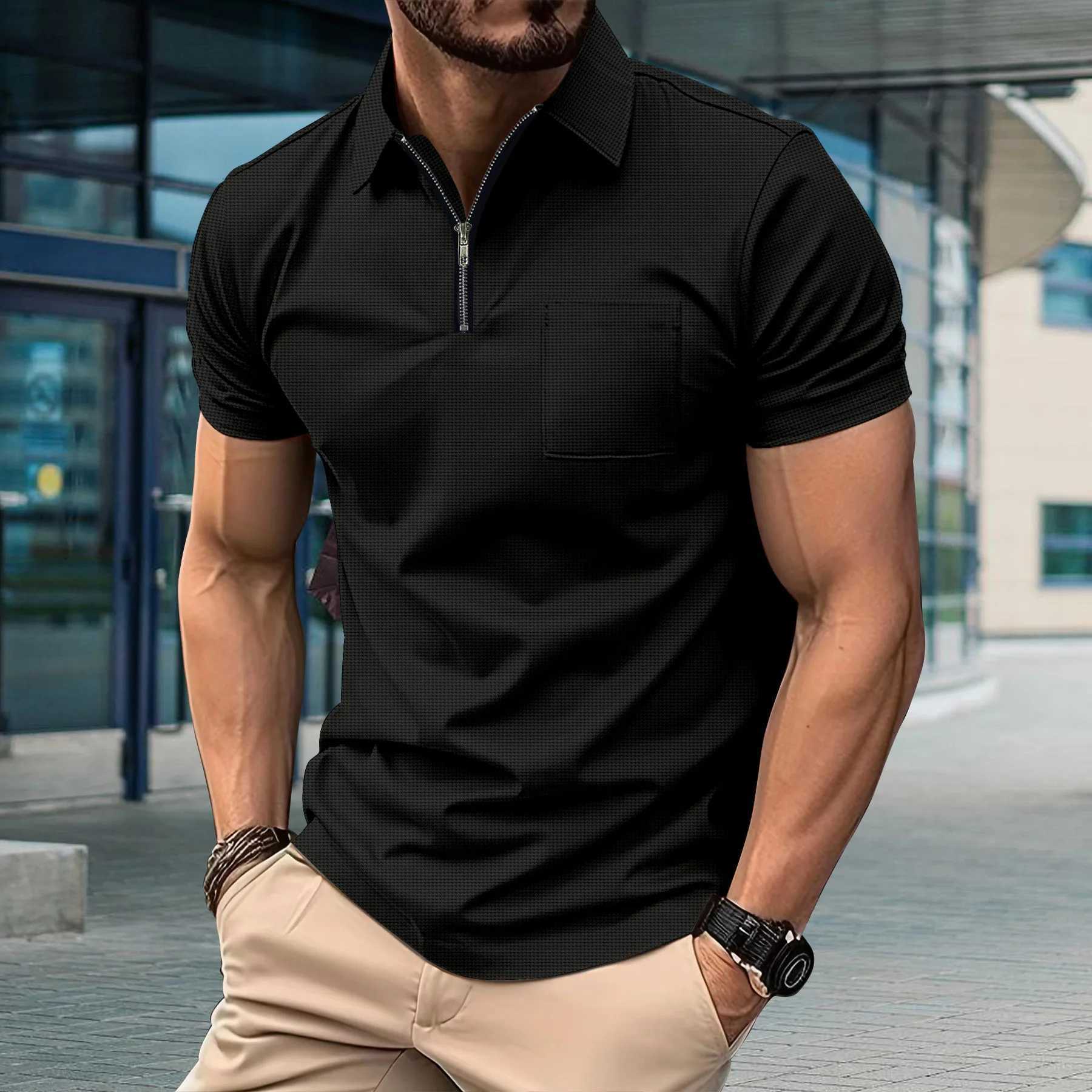 Mens casual cotton lapel new fashion sports solid color zipper front shirt pocket decoration W241104