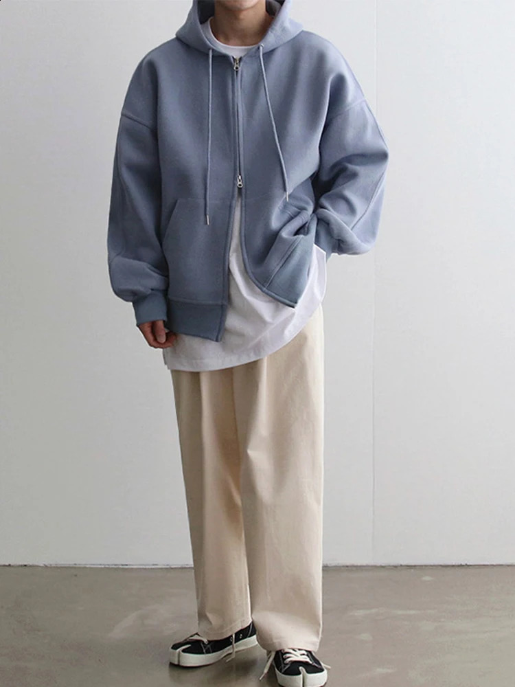 Mens Loose Long Sleeve Double Zipper Pocket Cardigan Hoodies Autumn Japanese Harajuku Solid Simple Versatile Hooded Jacket 241105
