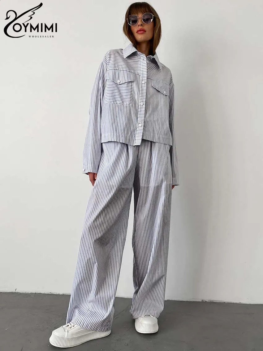 Oymimi Elegant Blue Print Striped Sets For Women 2 Pieces Fashion Lapel Long Sleeve Pockets Shirts And Straight Pants Female Set 241105