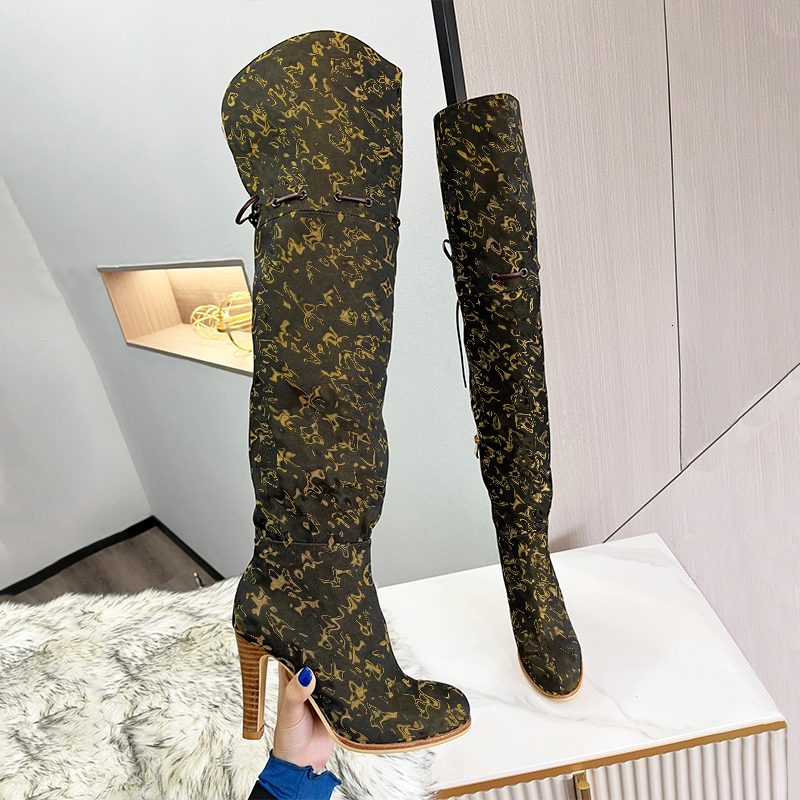 New Women Over The Knee Boots Designer Boots Winter Ankle Boot Adjustable Straps Canvas Zipper Laces Ladies Girls Sexy High Boot With Box 684