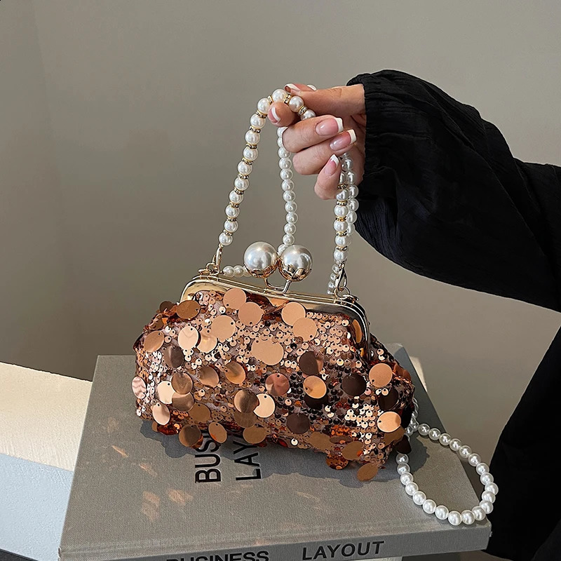 womens pearl chain bag niche sequin bag casual street shoulder cross body bag trend armpit bag 241105