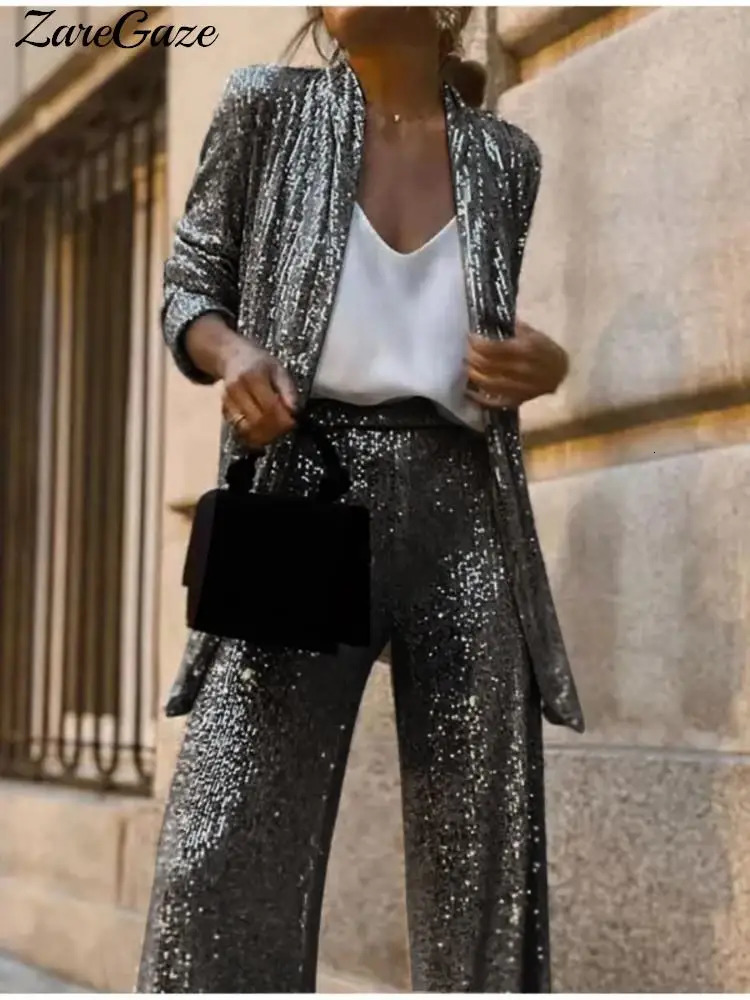 Fashion Silver Sequined Jacket Pant Suit Women Long Sleeve Coat Wide Leg Trousers 2 Piece Set 2024 Autumn Street Lady Sets 241104