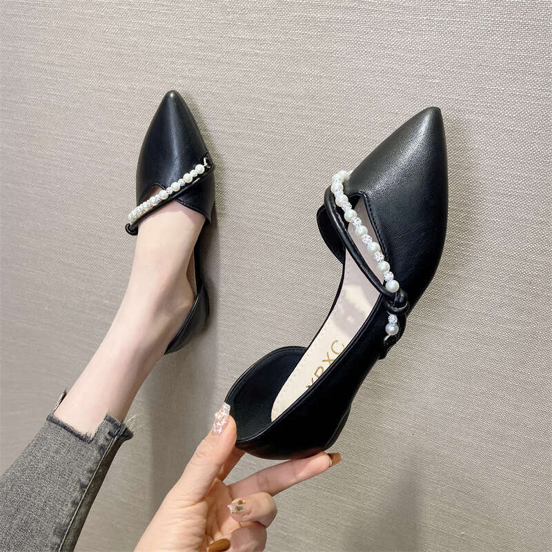 French Pearl Decoration Single Shoe For Women's Spring And Summer New Style, One Foot Shallow Mouth Pointed Soft Leather Side Empty Flat Bottom E