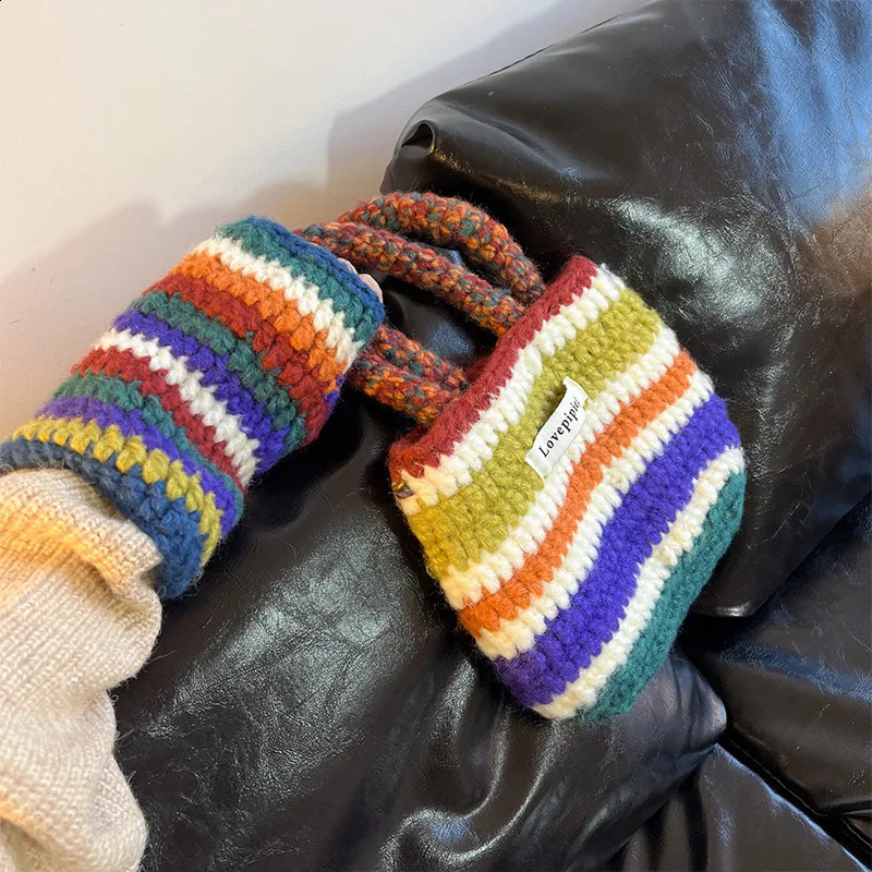 3 in 1 Rainbow Striped Knitted Hat Gloves Bags Warm Woolen Crochet Bucket 241105