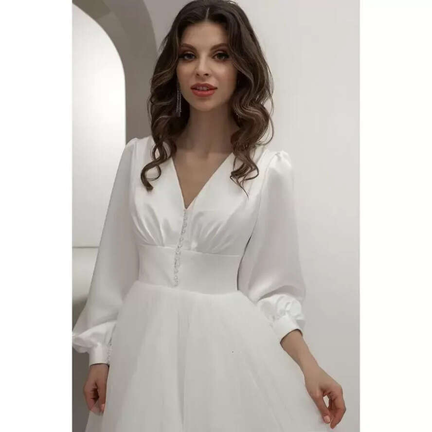 Poet Sleeves Long Wedding Dresses Simple Boho Beach Bridal Gown Satin Tea Length V Neck Custom Made Plus Size Vestidos De Novia Estidos