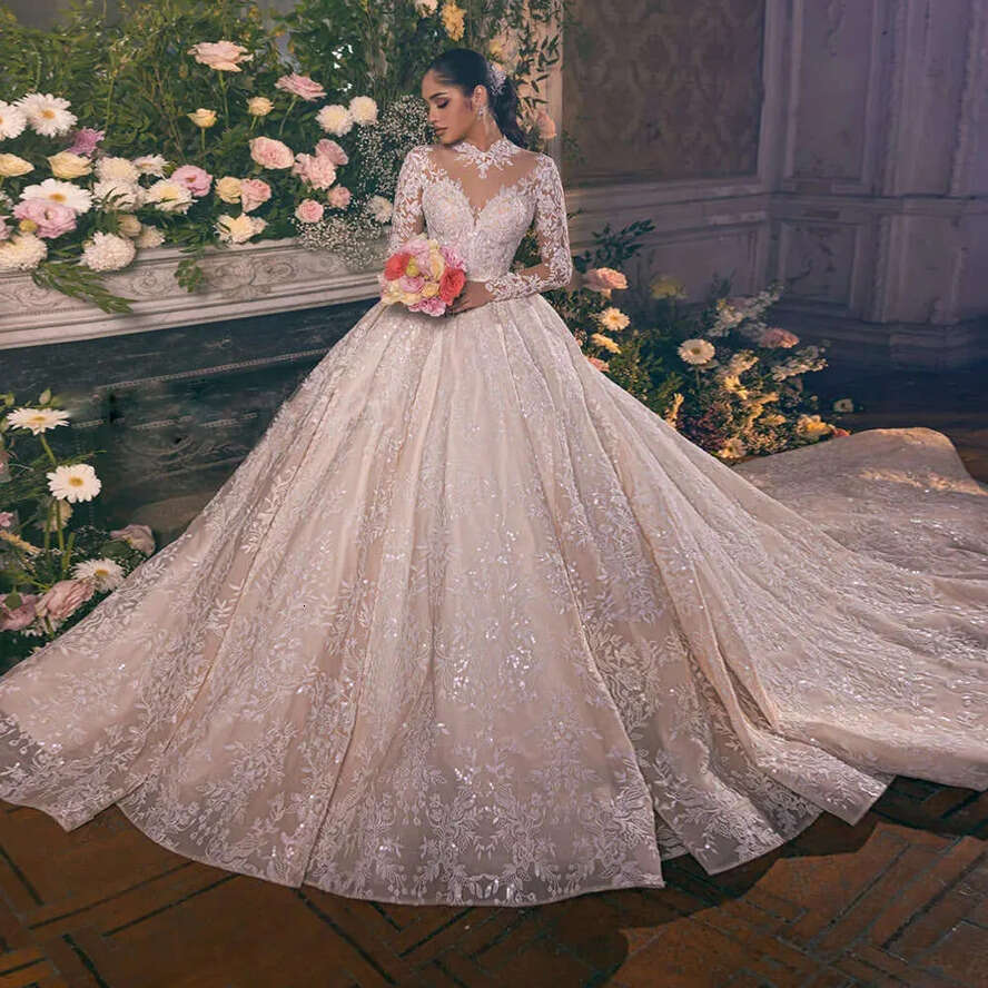 High Elegant Tulle Neck Wedding Dress Lace Applique Beaded Long Sleeve Bridal Gown Custom Made Princess Bride Dresses es