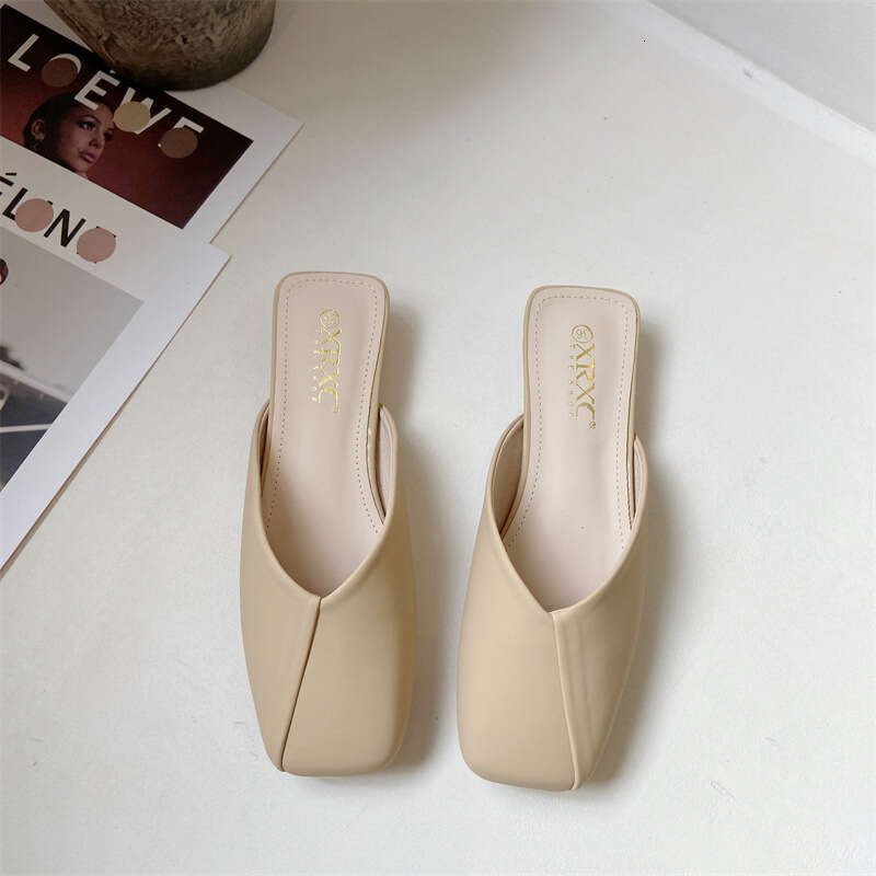 Fashionable Half Slip Slippers Spring 2023, Simple French Style Elegant Square Head With Low Heel, Wearing A Hooded Cool Slipper For Women