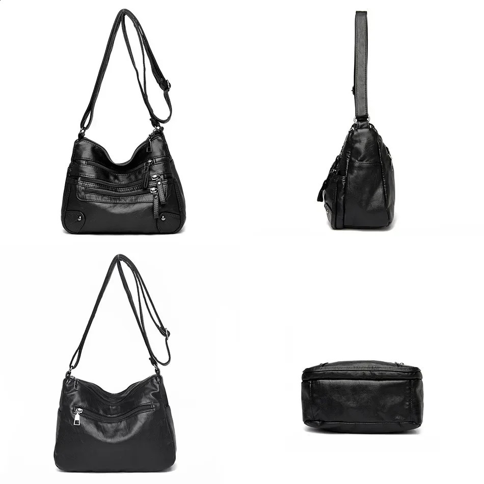 Fashionable soft leather cross body bag casual womens multi pocket messenger bag retro shoulder handbag 241105