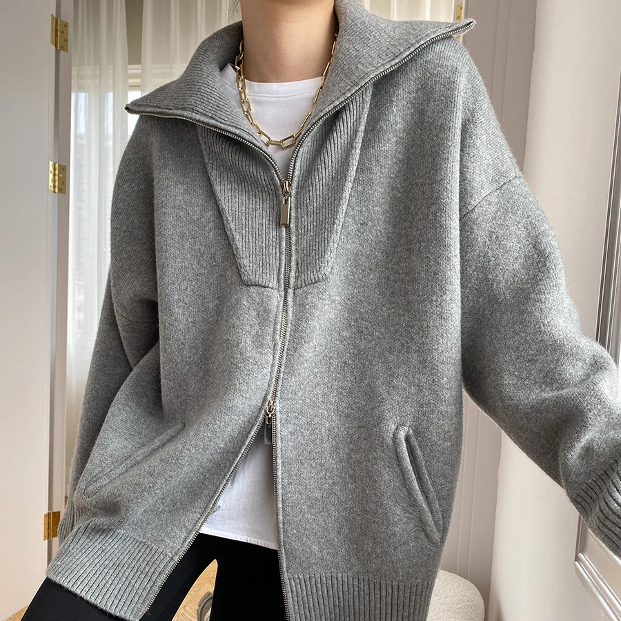 Autumn Winter Women's Knitted Sweater Fashion Personality High Quality Double Zip Cardigan Loose Oversized Lapel Jumper