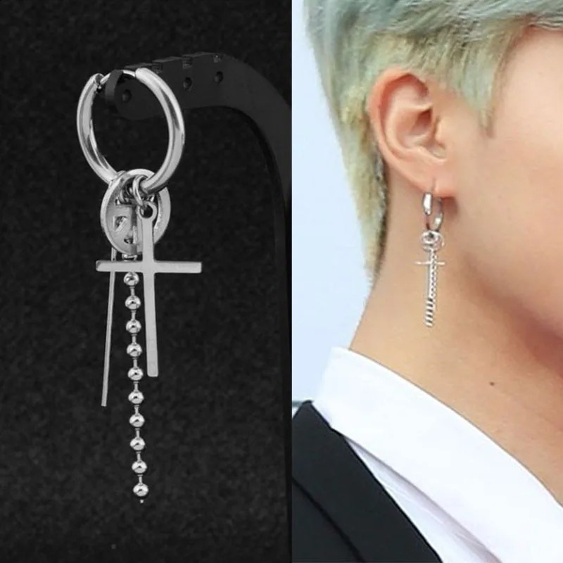 Korean fashion cross tapered square gothic cool pendant mens earrings 241105