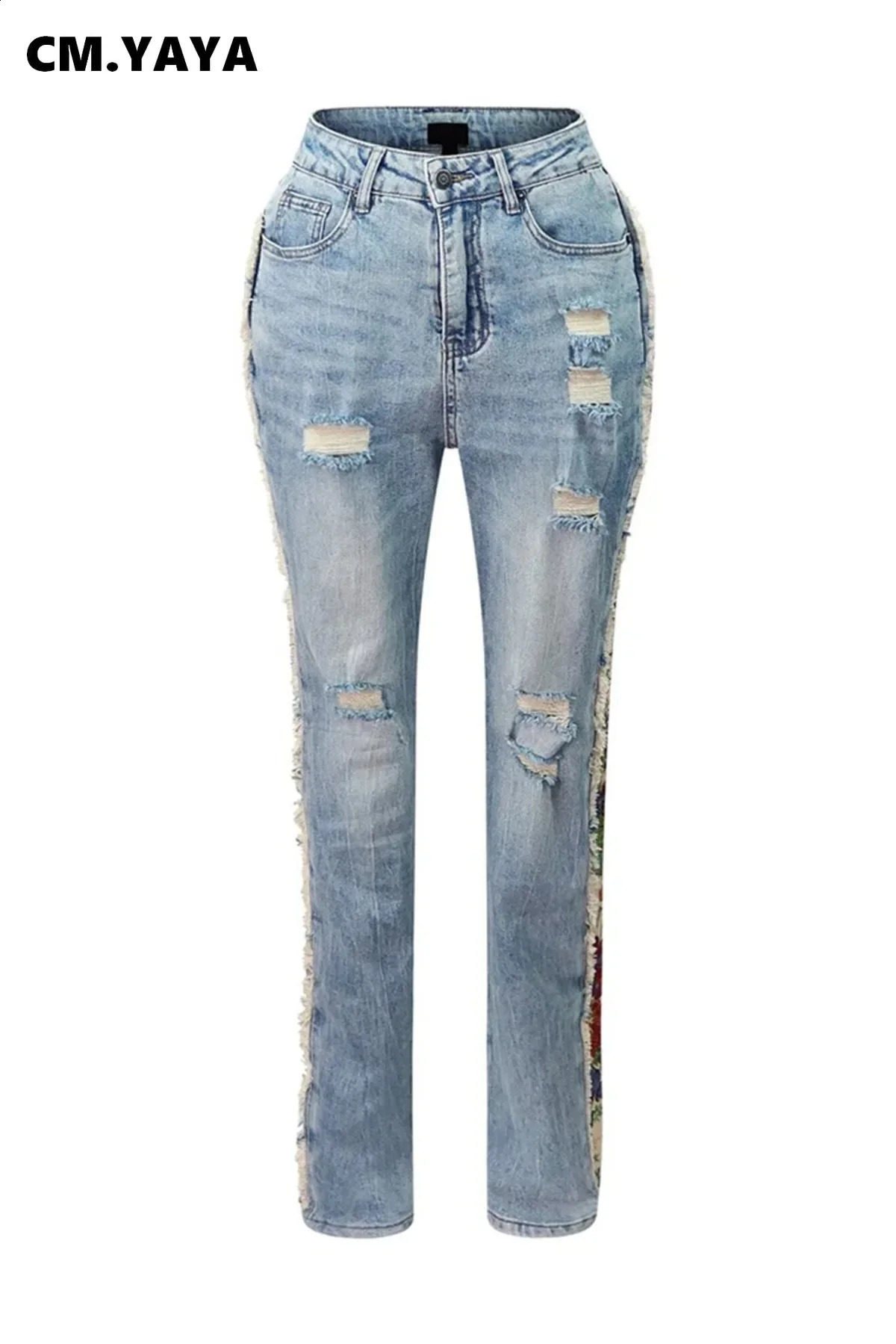CMYAYA Denim Womens Set Floral Patchwork Full Sleeve Button Fly Jacket and Ripped Jeans Pants Suit Two 2 Piece Outfit 241105