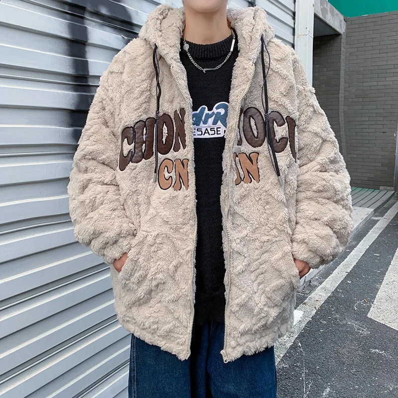 YASUGUOJI Fashion Vitage Embroidery Lamb Wool Fur Coat for Men Winter Thicken Warm Zipper Loose Hooded Cotton Jacket Men 241105