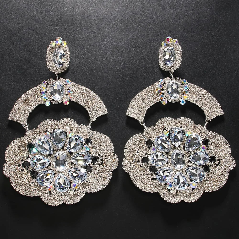 Stonefans Flower Pendant Earrings Gem Long Dangle for Women Y2k Trending Party Accessories Exaggerated Jewelry Crystal 241105