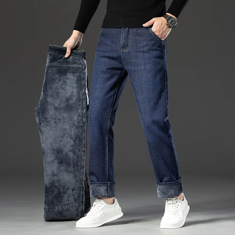 2024 Winter Fleece Thick Warm Men Jeans Slim Skinny Stretch Straight Classic Version of Denim Plush Pants Male Clothing 241105