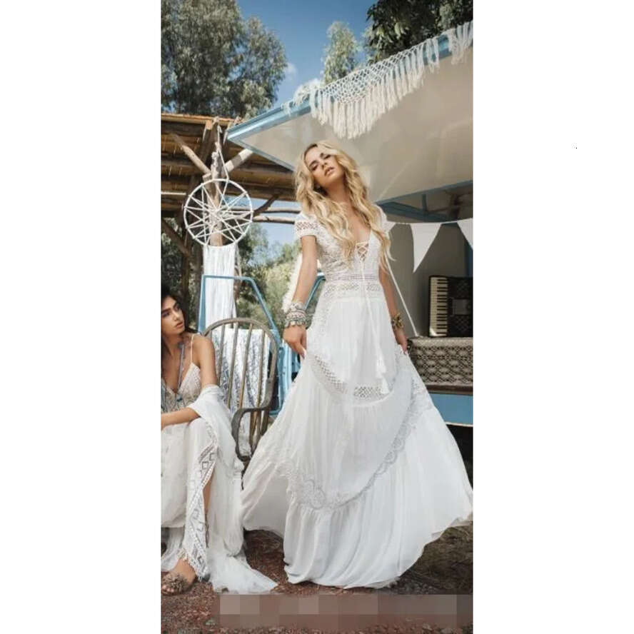 Vintage Simple A E Dresses Chiffon Lace Sexy Deep V Neck Short Sleeves Boho Beach Wedding Bride Gowns