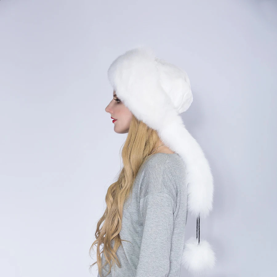 WNAORBM Real Rex rabbit Fox Fur Scarf Hat Soild White Winter Natural Hats Fashion n Keep Warm Young Lady 241105