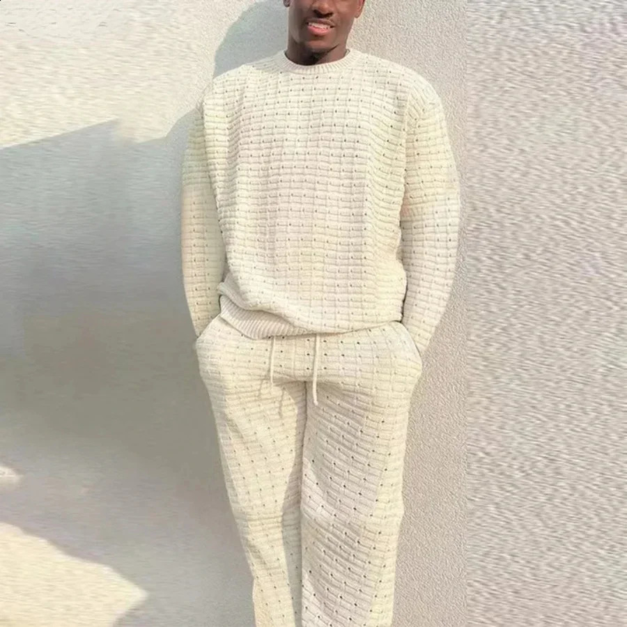2024 Spring Mens Knitted Two Piece Sets Casual O-Neck Long Sleeve T-shirts Drawstring Pants Suits Fashion Mens Clothing Outfits 241105
