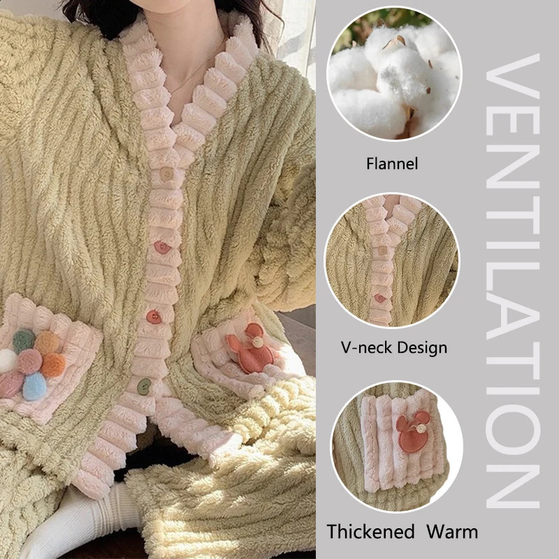 Thickened Warm Flannel Women Sleepwear Loungewear Cardigan Suit Winter Sweet Kawaii Soft Fairy Wind Ladies Pajamas Homewear 241105
