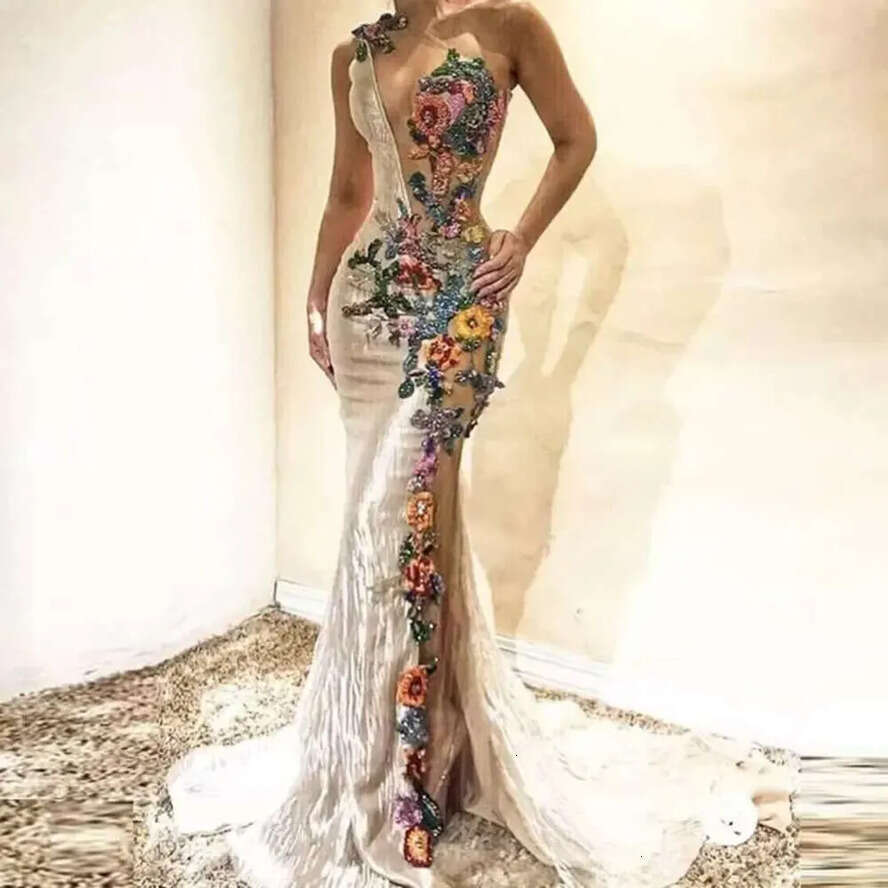 Shoulder Evening One Dresses Mermaid Colorful Embroidery Wer Applique Lace Sheer Prom Dress Women Party Gowns Bc