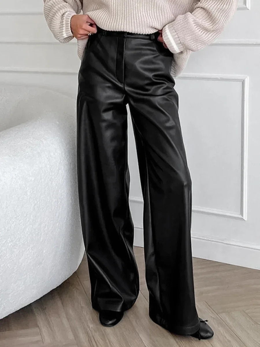 Wolfeel Autumn New Black Retro Matte PU Leather Women's Stylish High Waisted Trousers Office Lady Versatile Long Pants