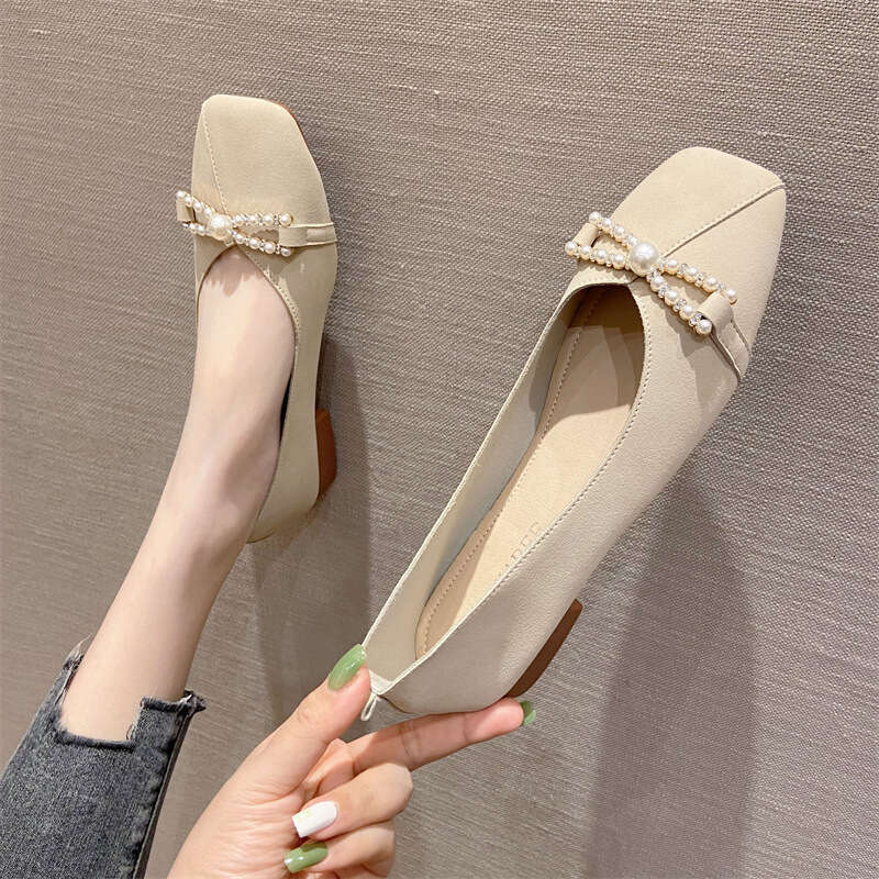 Korean Spring New Product Gentle Lady Style Surface Soft Bottom Shallow Mouth Single For Women Versatile And Personalized Square Head Low Heel Scoop S