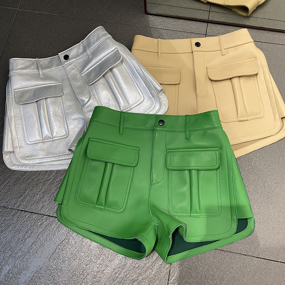 Yoloagain Women's Real Sheepskin Leather Shorts Autumn 2024
