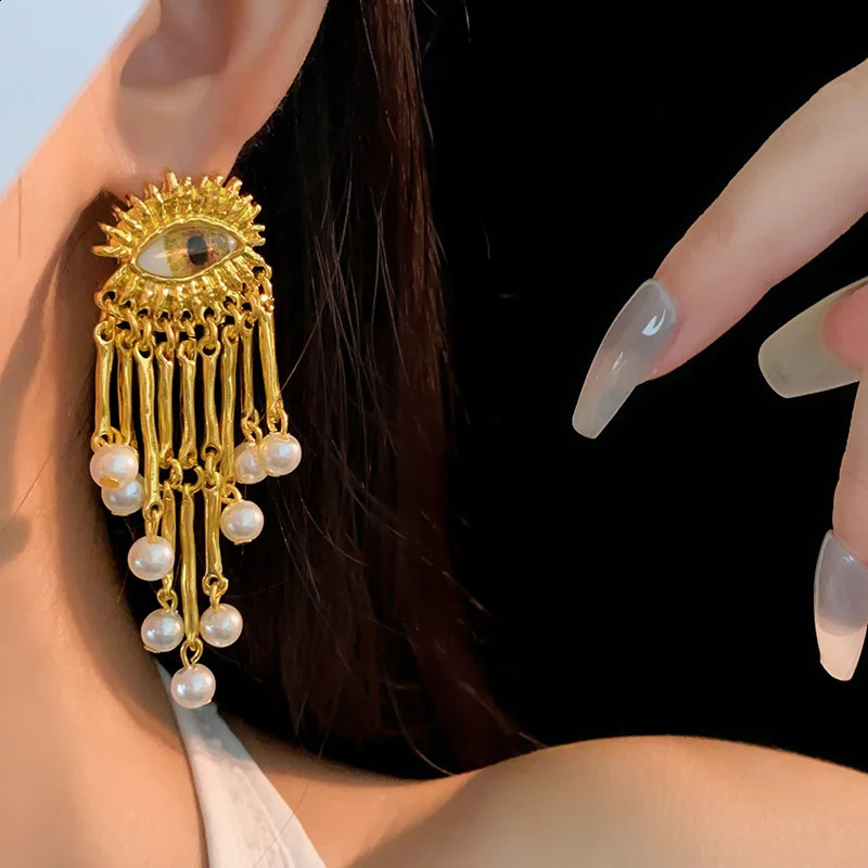HUANZHI Eye Pearl Long Tassel Drop Earring Y2K Vintage Gold Color Pendant Jewelry For Women Trendy 241105