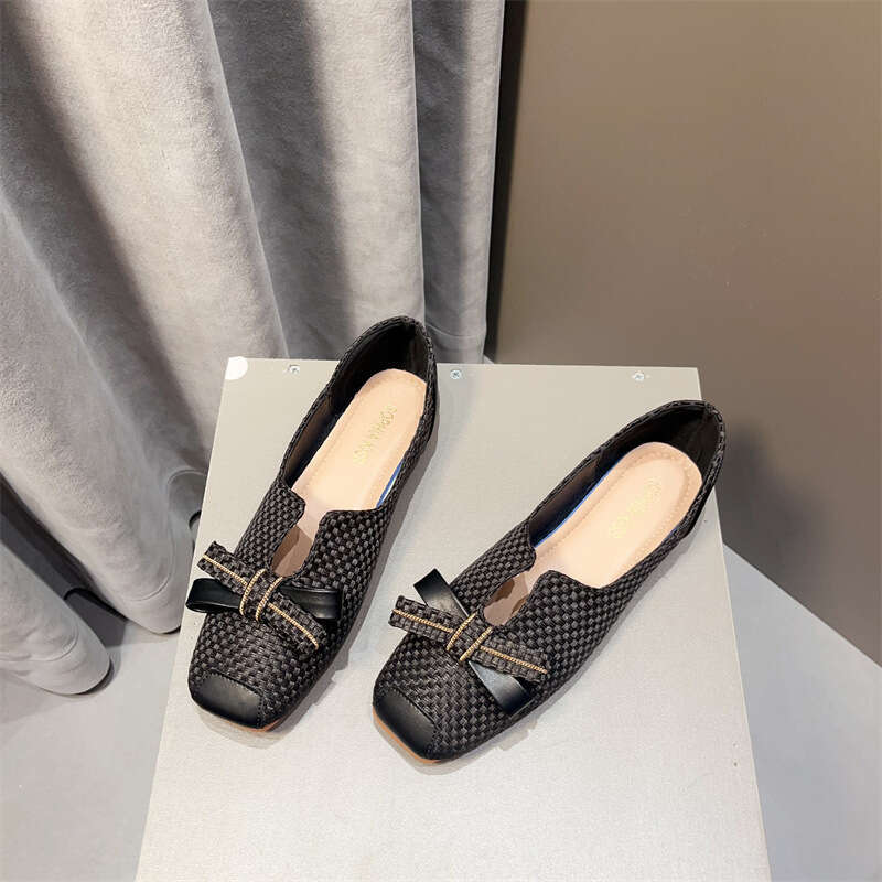 Korean Spring And Summer New Women's Scoop Large Butterfly Knot Weaving Fabric Versatile Square Head Shallow Mouth Flat Bottom Single Shoes
