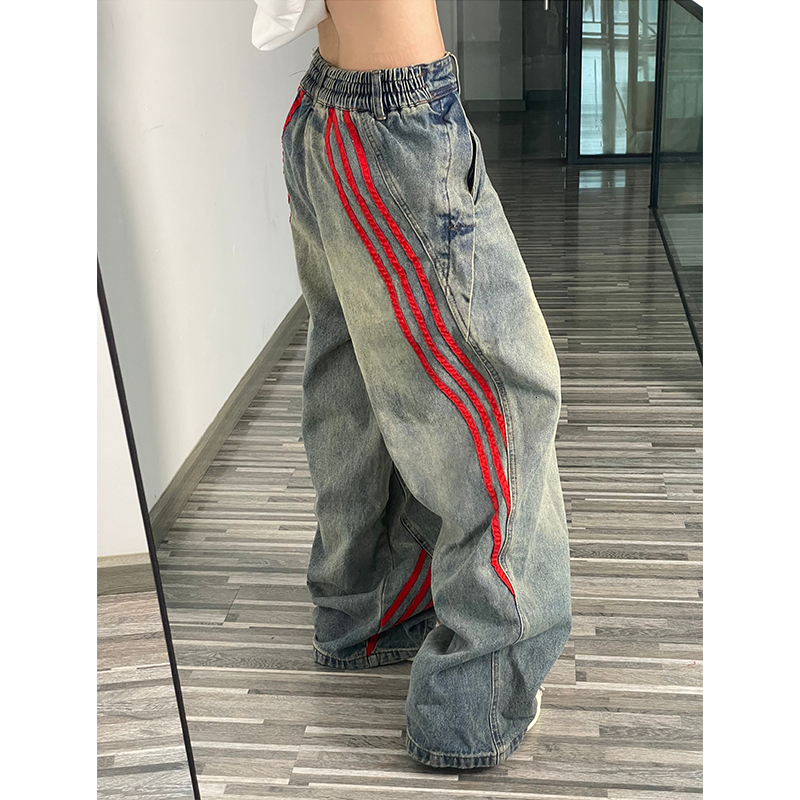 Women American Vintage Waist Striped Jeans Blue Patchwork Wide Leg Denim Pants Summer 2000S Hip-Hop High Street Trousers